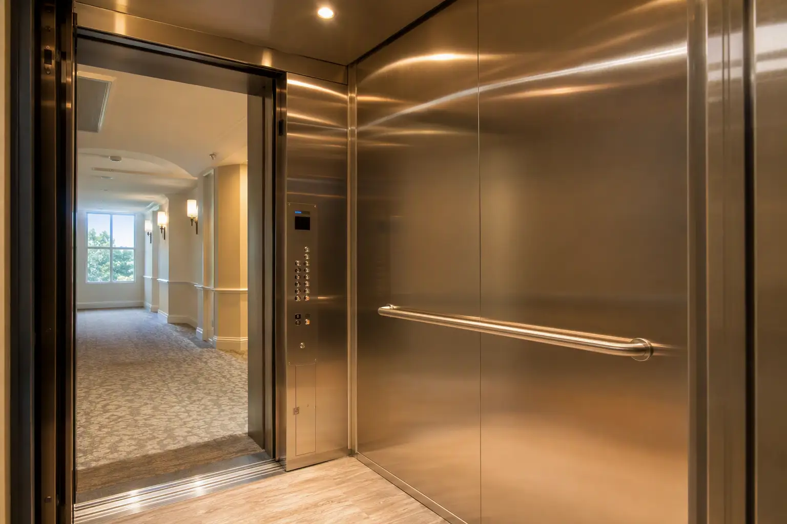 Modernized Elevator Cab — ASME A17.1 Compliant Upgrades Newly modernized elevator cab interior with LED lighting, stainless steel panels, and updated ADA fixtures in a Sarasota Florida residential mid-rise building