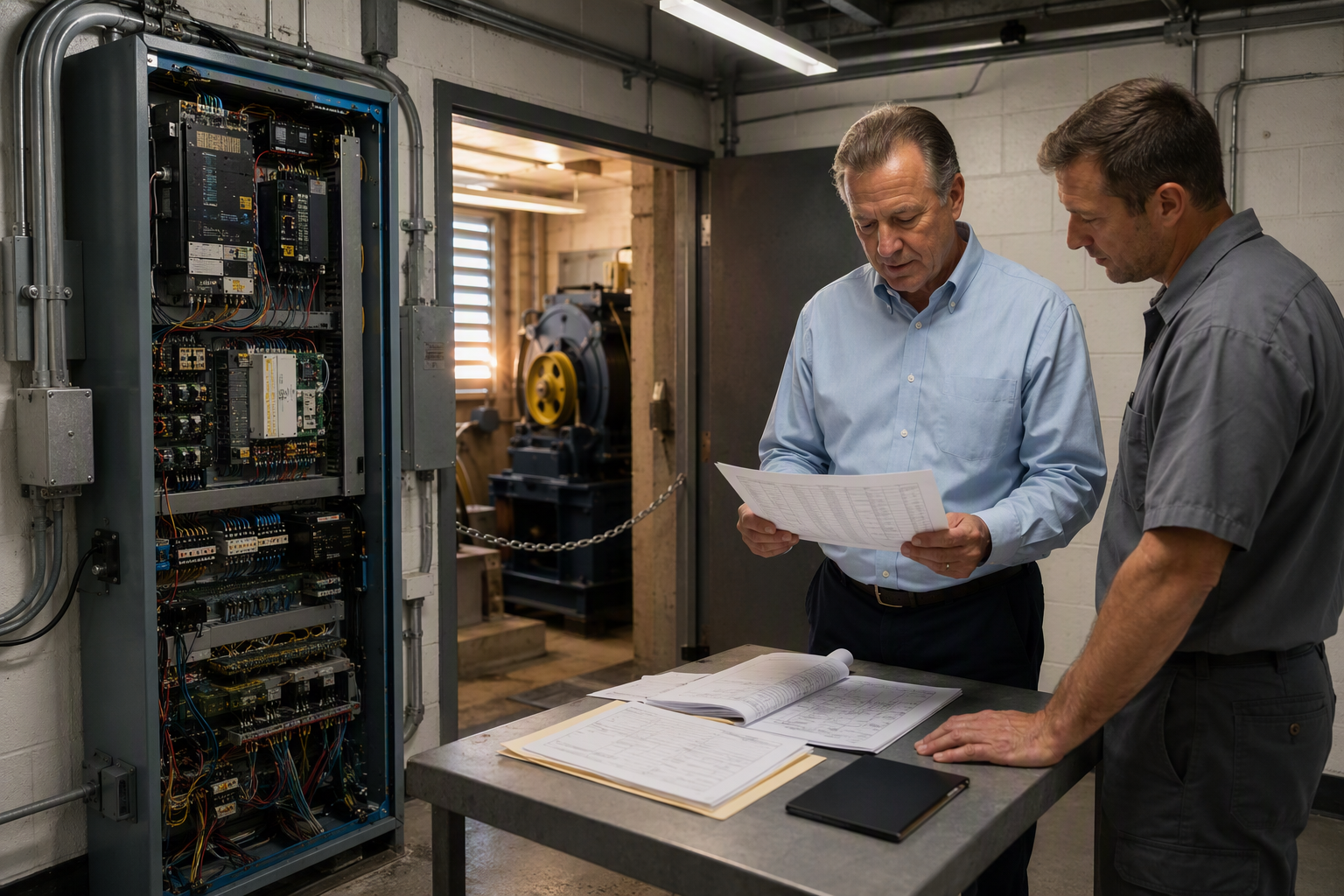 Prioritizing Elevator Capital Spending Before Fiscal Year-End Facility manager and elevator technician reviewing capital budget documents beside a traction elevator controller in a Pompano Beach commercial machine room