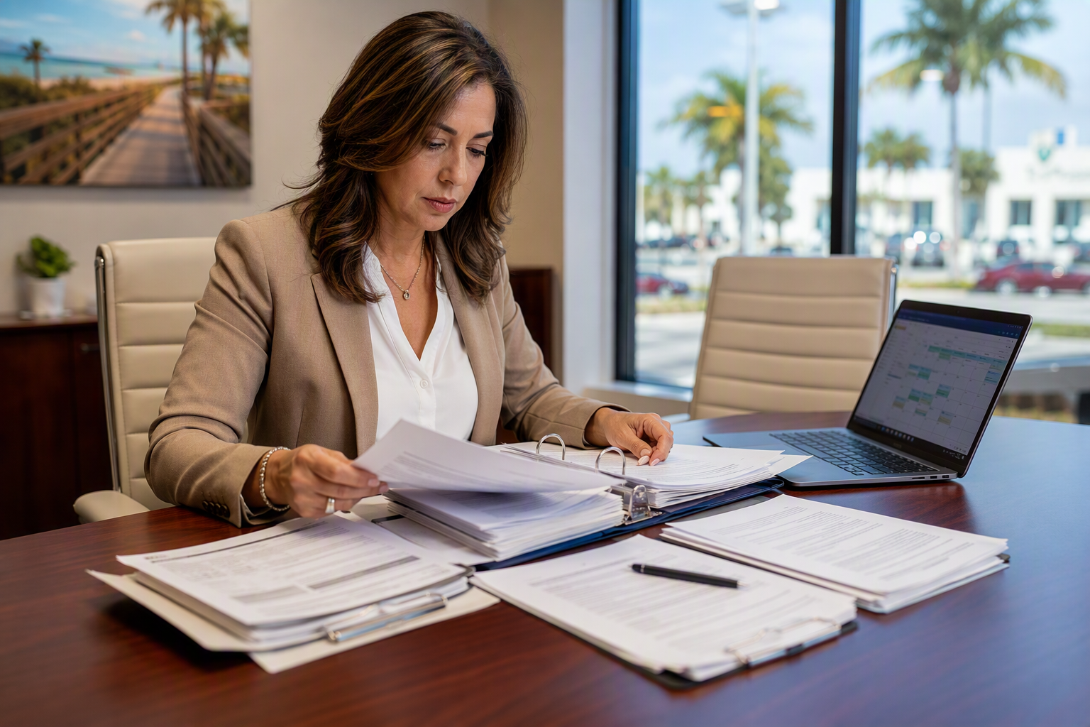 Property manager reviewing elevator inspection scheduling contracts and Florida compliance documents at a desk in a South Florida commercial office.
