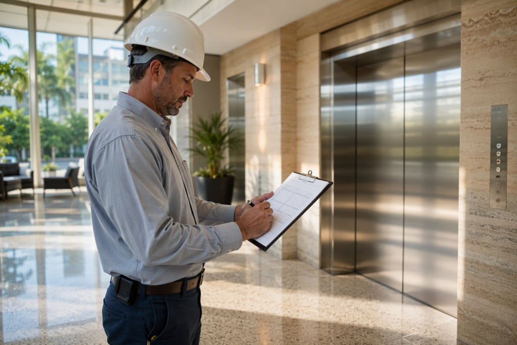 Florida elevator inspector reviewing a compliance checklist on a clipboard in a commercial building lobby with stainless-steel elevator doors visible behind him.