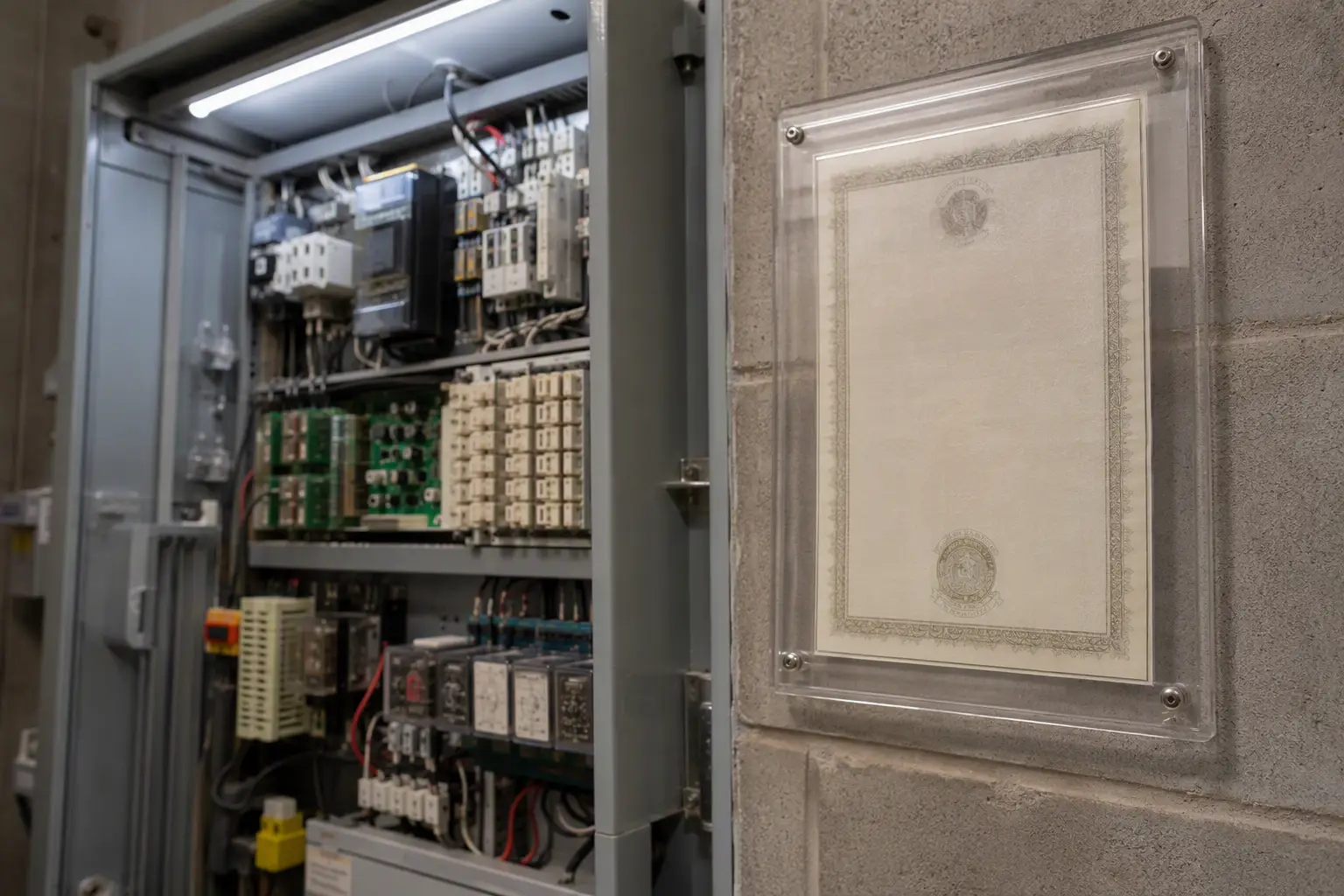 Florida DBPR elevator certificate of operation mounted beside a commercial elevator controller inside a building machine room, representing state inspection oversight.