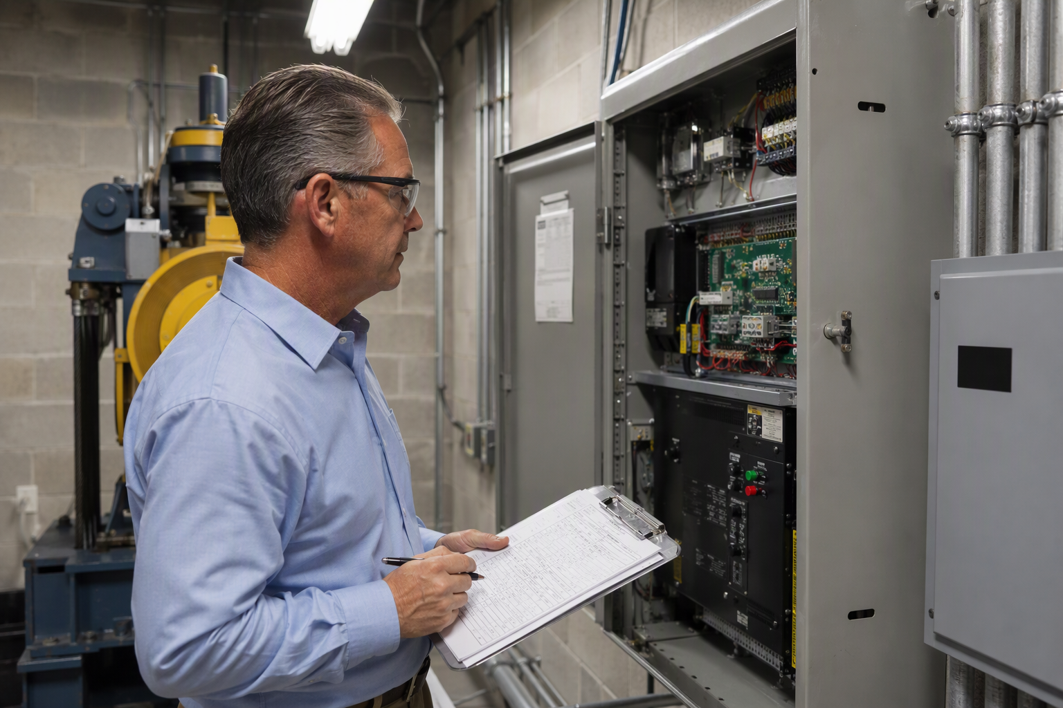 Licensed elevator inspector examining traction elevator machine room controller during Florida annual commercial elevator inspection required every 12 months by DBPR