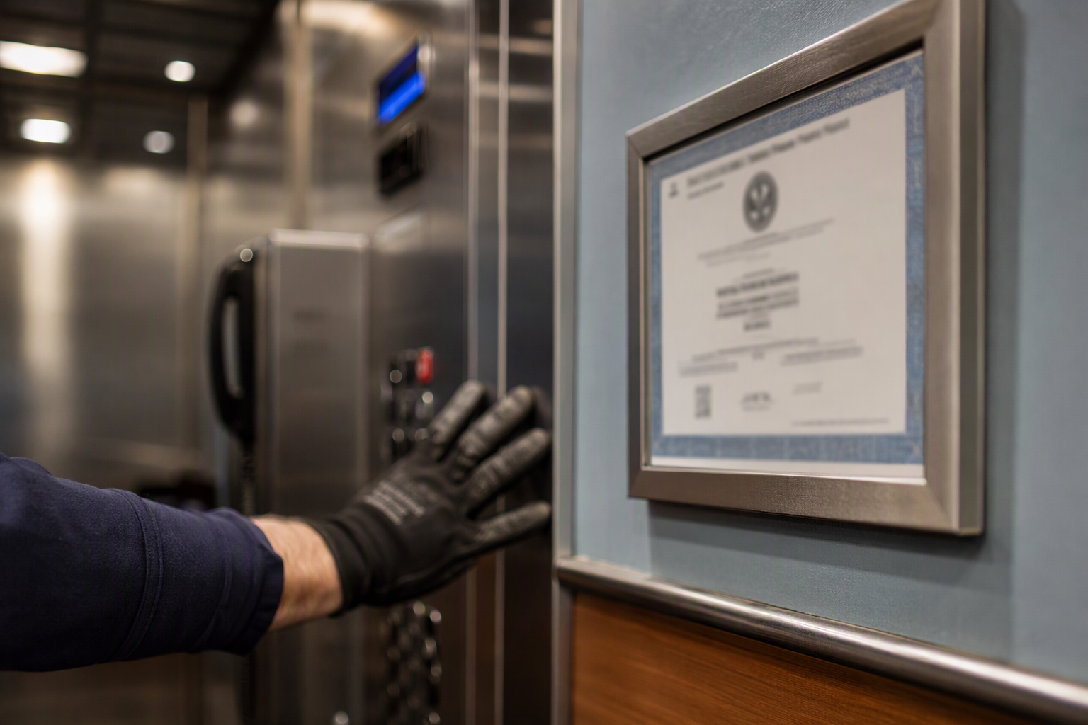 Florida DBPR Certificate of Operation mounted inside a commercial elevator cab, required annual compliance document for building owners under Florida elevator inspection law