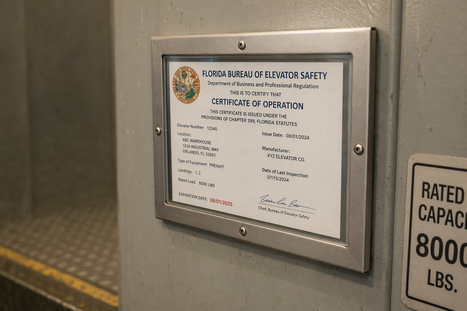 Florida Bureau of Elevator Safety certificate of operation in a transparent-cover frame mounted inside a freight elevator cab in a warehouse, as required by Chapter 399 Florida Statutes.