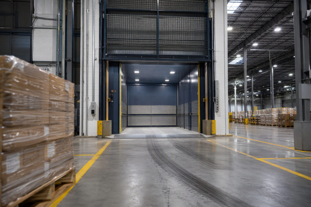 Heavy-duty freight elevator with open steel mesh gates inside a Florida warehouse, complying with ASME A17.1 and Chapter 399 Florida Statutes elevator requirements for industrial buildings.