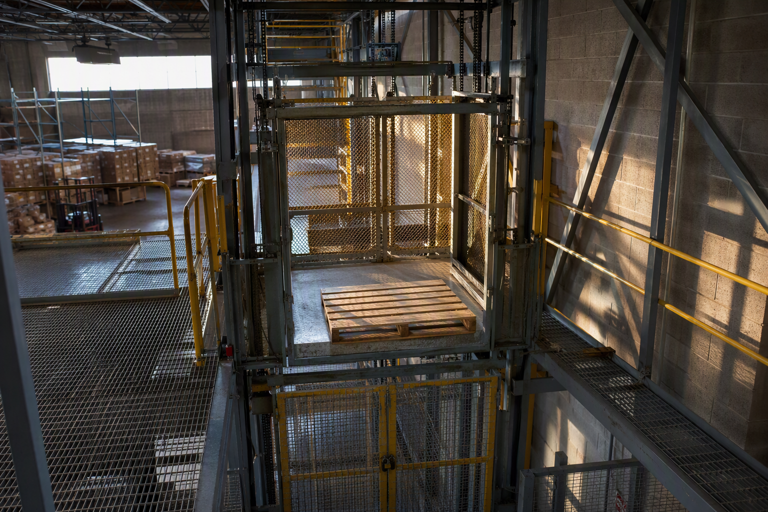 Vertical reciprocating conveyor (VRC) with steel safety guarding and locked access gate installed through a mezzanine level in a Florida industrial warehouse, subject to ASME B20.1 and OSHA regulation