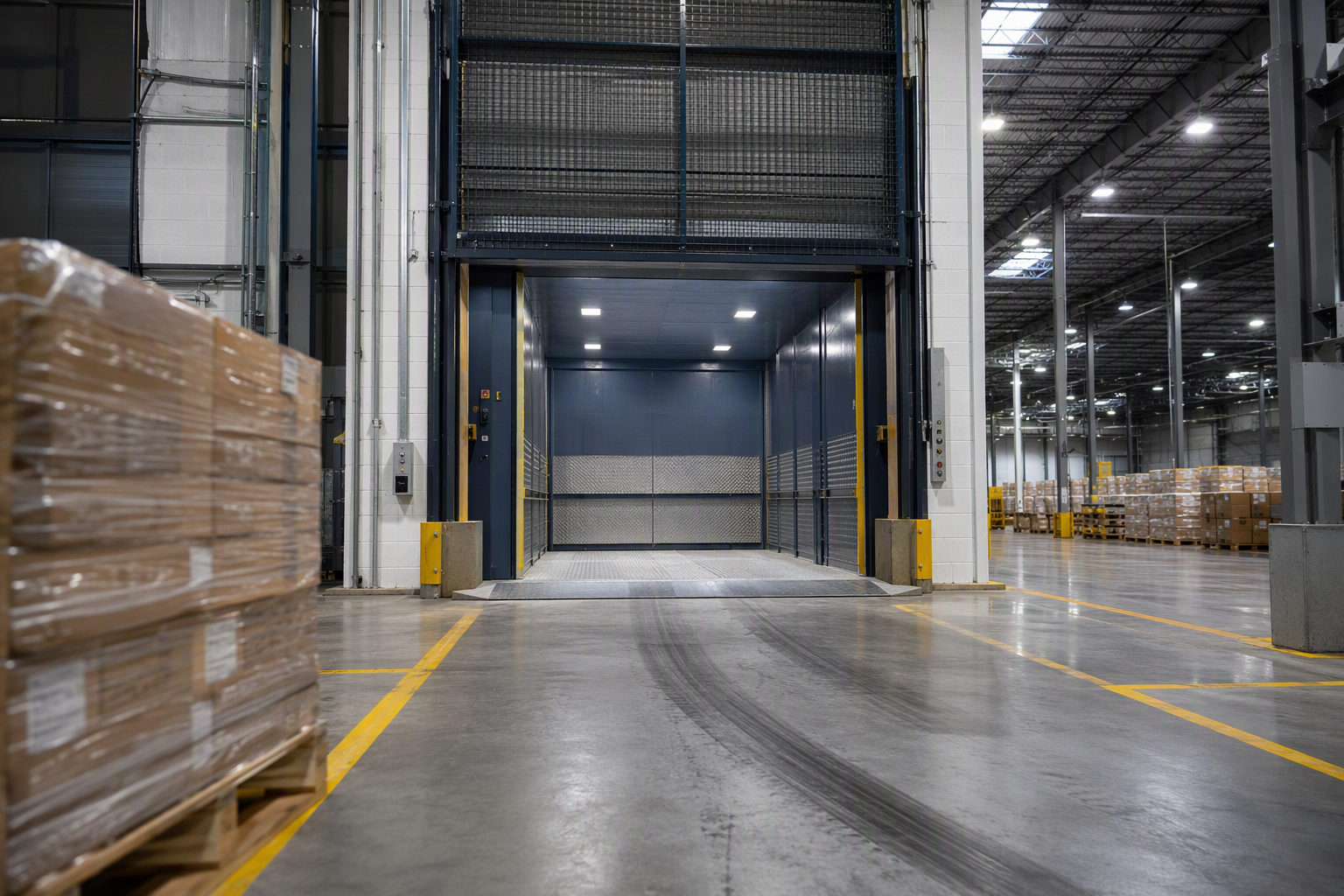 Heavy-duty freight elevator with open steel mesh gates inside a Florida warehouse, complying with ASME A17.1 and Chapter 399 Florida Statutes elevator requirements for industrial buildings.