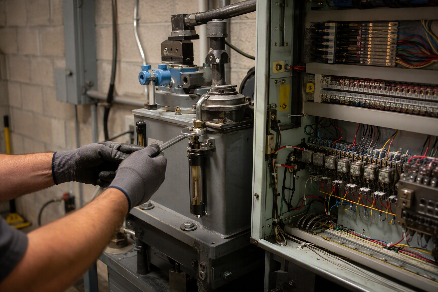 Elevator technician servicing hydraulic pump seal and relay board controller inside a South Florida machine room under a full maintenance elevator service contract