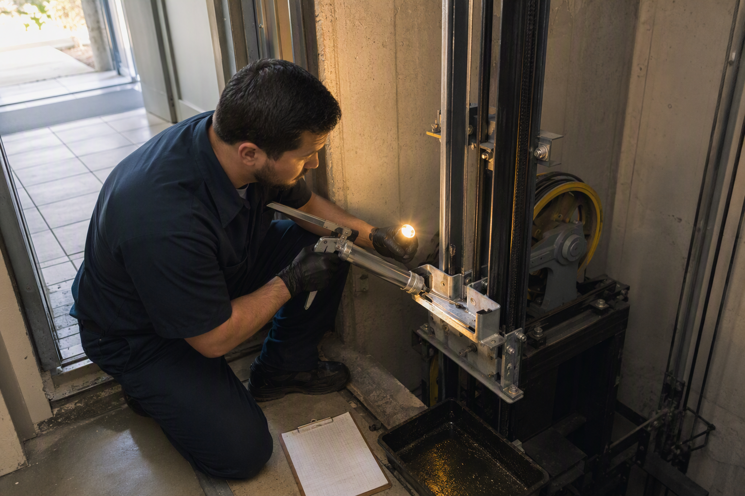 Elevator technician applying lubrication to guide rail bracket in a Sarasota FL building pit during an oil and grease elevator maintenance contract service visit
