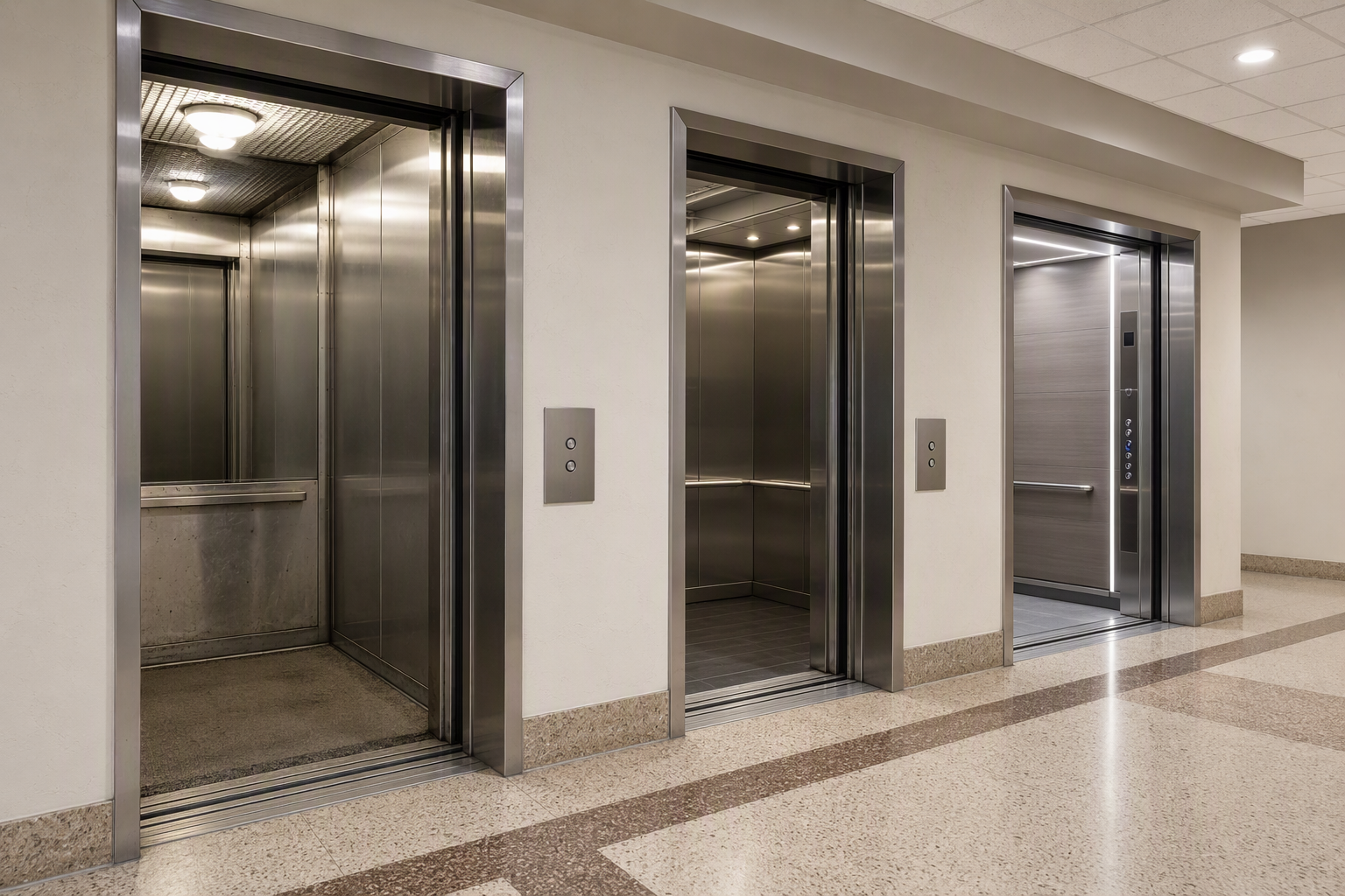 Three side-by-side elevator cabs in a Florida commercial building showing differences between OEM, national independent, and Florida independent elevator service provider maintenance outcomes