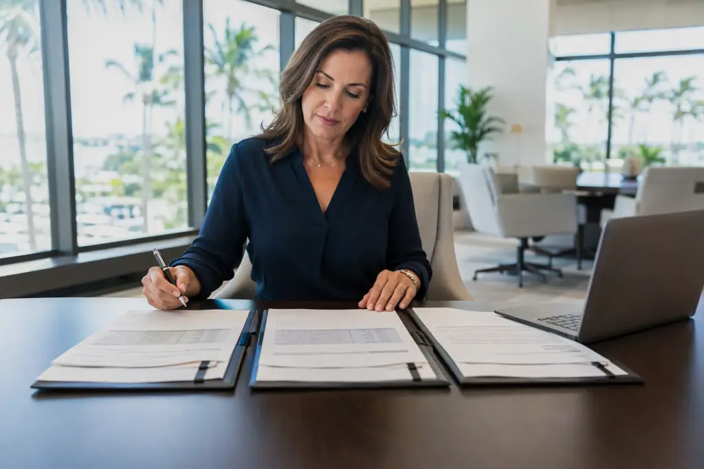 Florida property manager comparing elevator maintenance company quotes and contracts at an office desk, evaluating differences before signing a service agreement