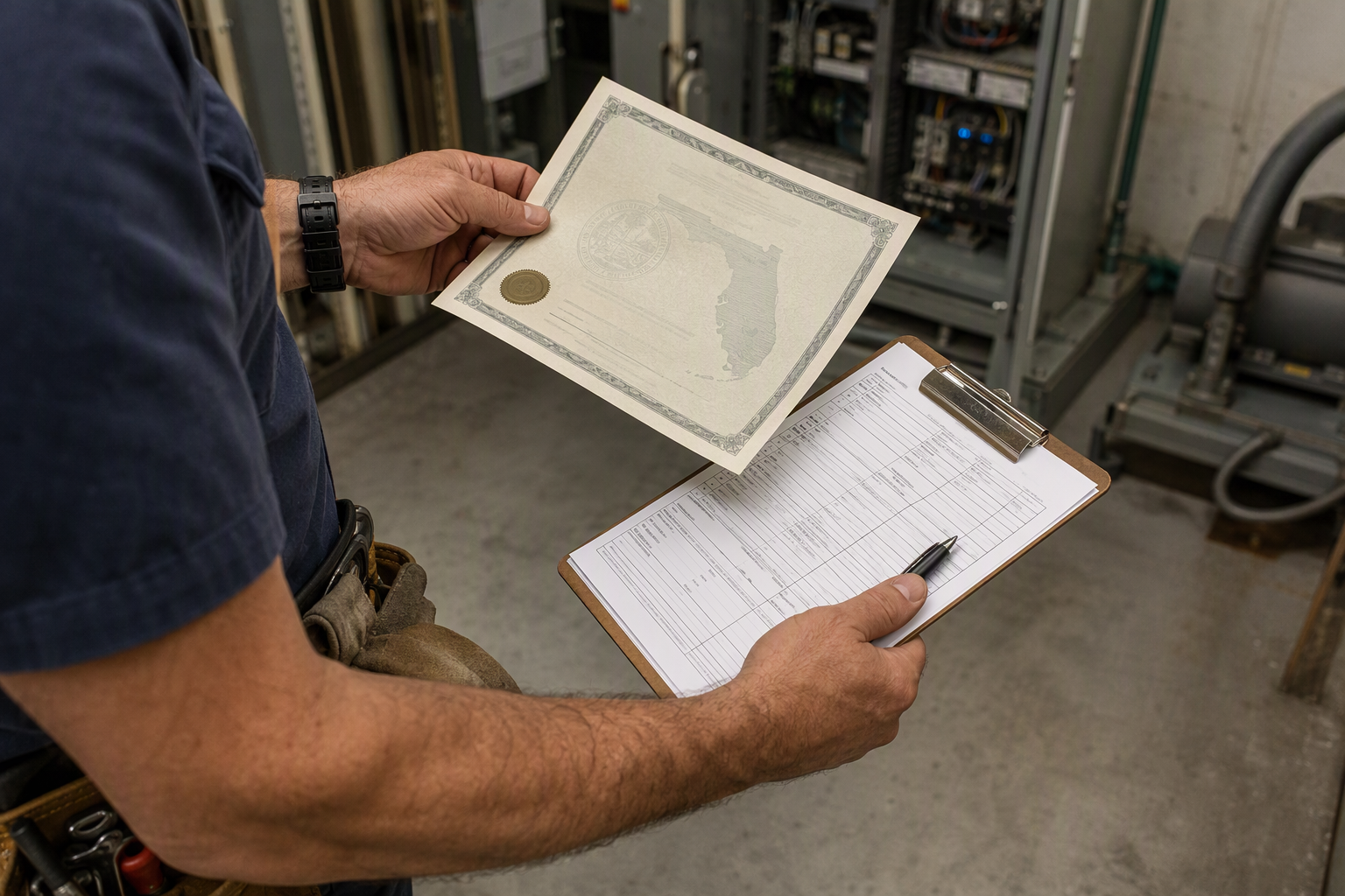 Elevator technician reviewing Florida state licensing credentials and ASME compliance inspection checklist in a commercial building machine room