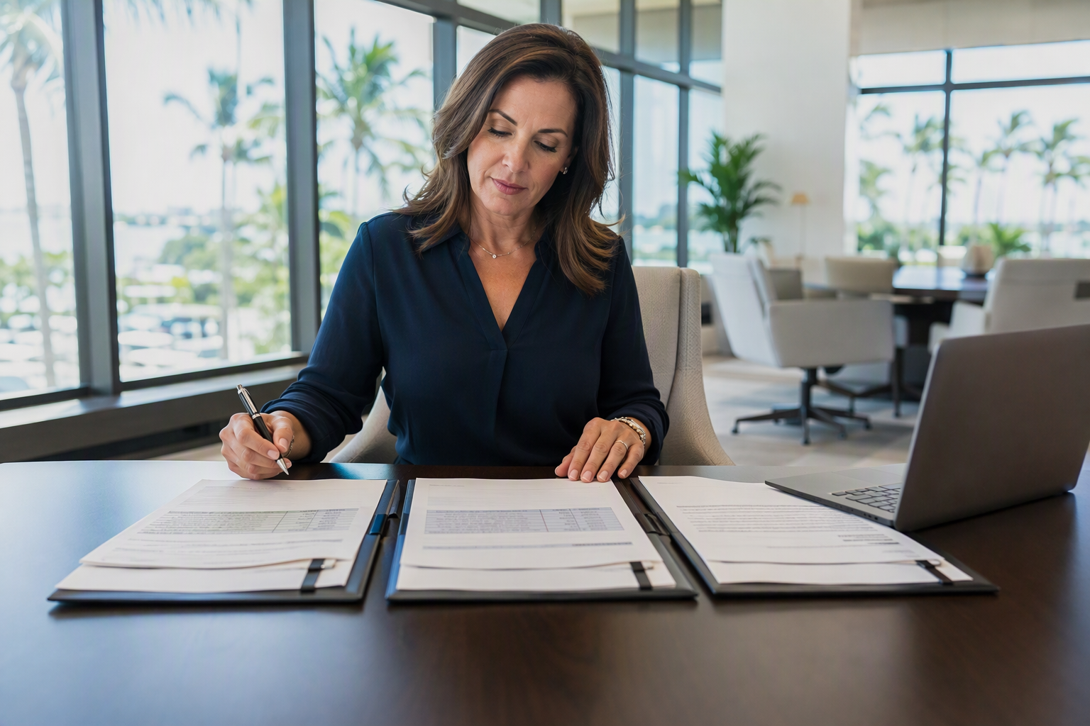 Florida property manager comparing elevator maintenance company quotes and contracts at an office desk, evaluating differences before signing a service agreement