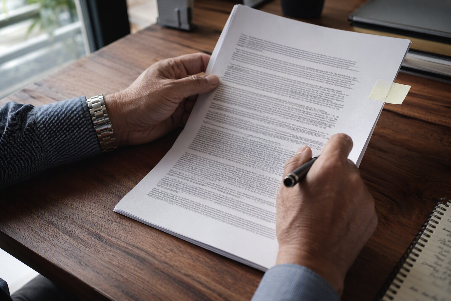 Reading Elevator Contract Exit Clauses and Notice Requirements Close-up of a property manager's hands reviewing elevator maintenance contract exit clauses and termination notice requirements before switching elevator service companies in Florida