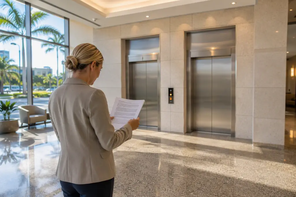 Florida building manager reviewing elevator maintenance contract terms before switching elevator service companies, standing in a commercial lobby with stainless steel elevator doors
