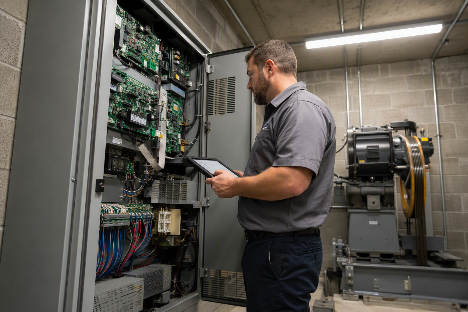 Independent Transition Inspection of Elevator Machine Room Equipment Licensed elevator technician inspecting machine room controller during a transition inspection when switching elevator service companies in Florida without violating a maintenance contract