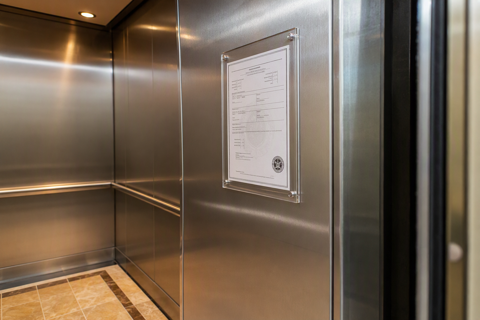 Florida DBPR elevator inspection certificate posted inside an elevator cab, required by Florida statute for elevators in Pompano Beach and Sarasota buildings