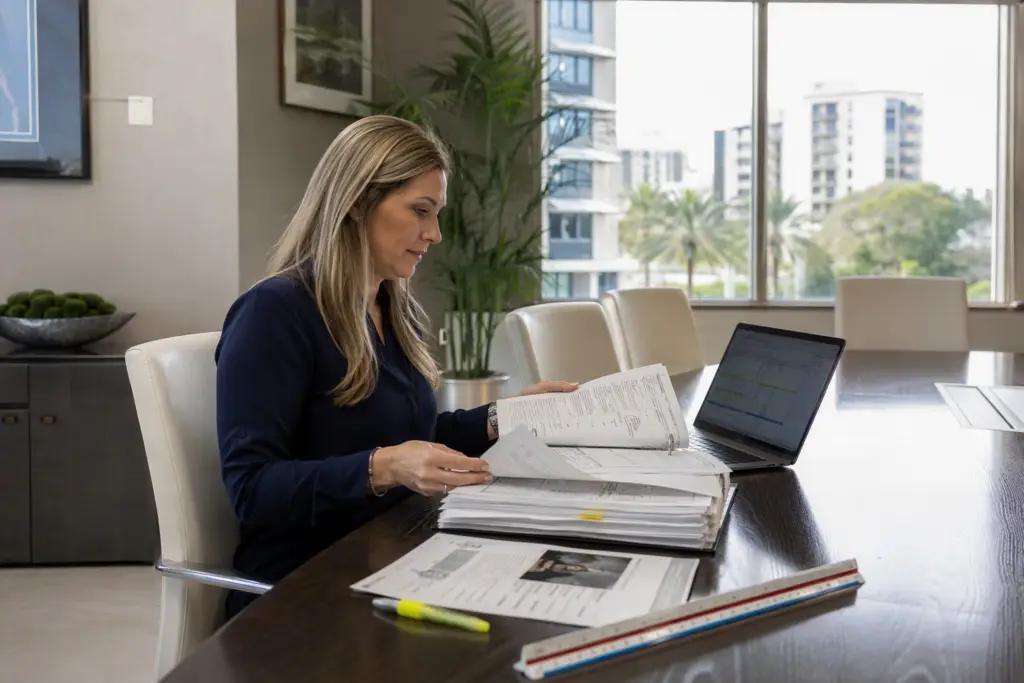 Property manager reviewing elevator service reports and maintenance contract documentation to verify billing accuracy for elevator service company in Florida