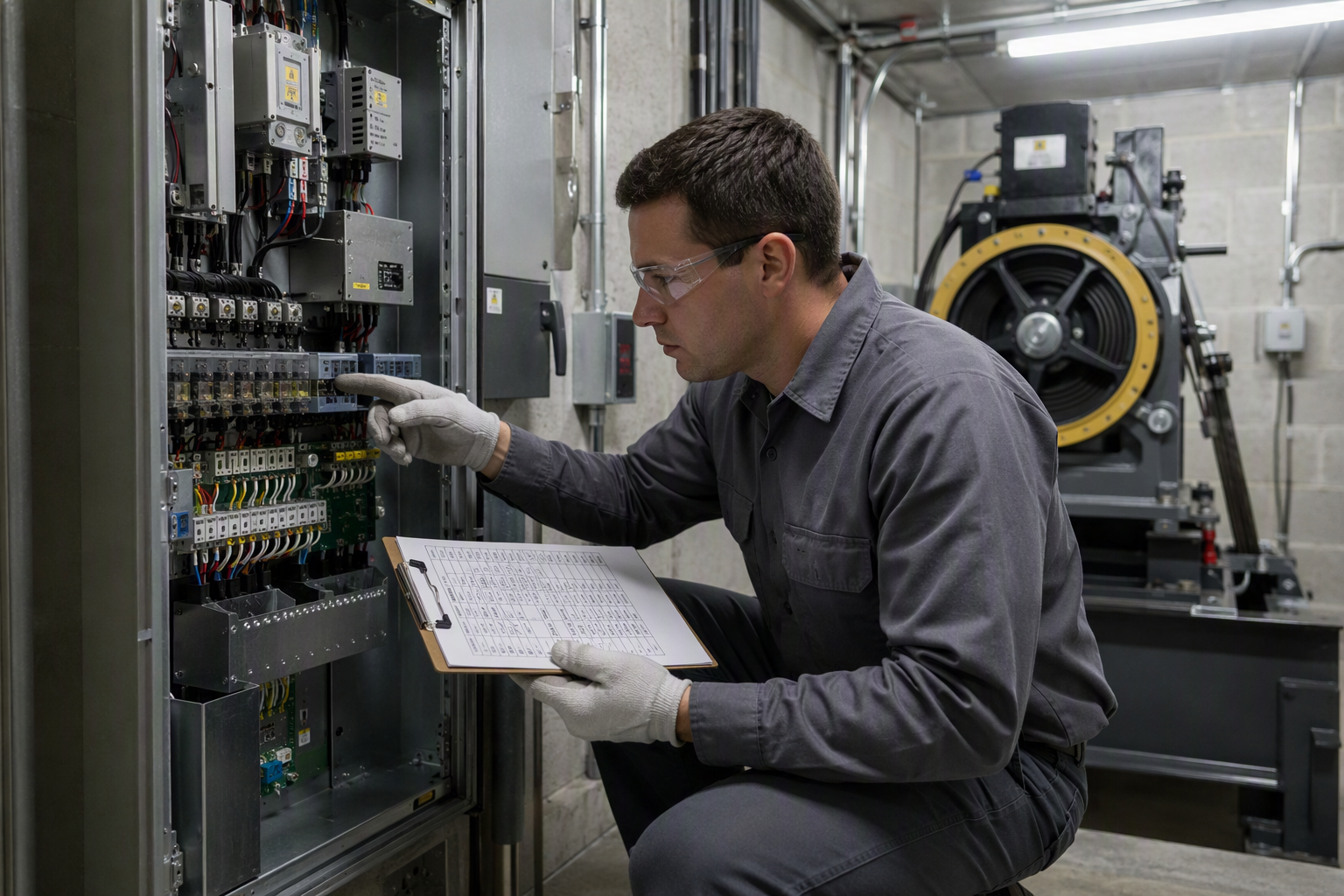 Elevator technician completing a detailed ASME A17.1 maintenance checklist in a machine room to verify billed maintenance tasks were actually performed