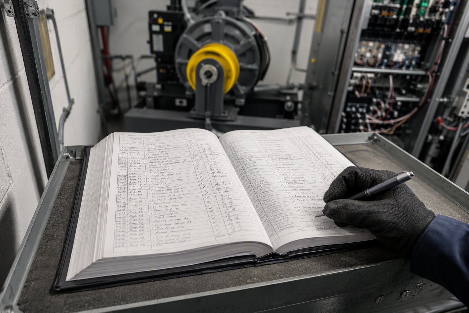 Elevator machine room logbook open to service visit records with a technician signing an entry, illustrating post-service documentation requirements in Florida.