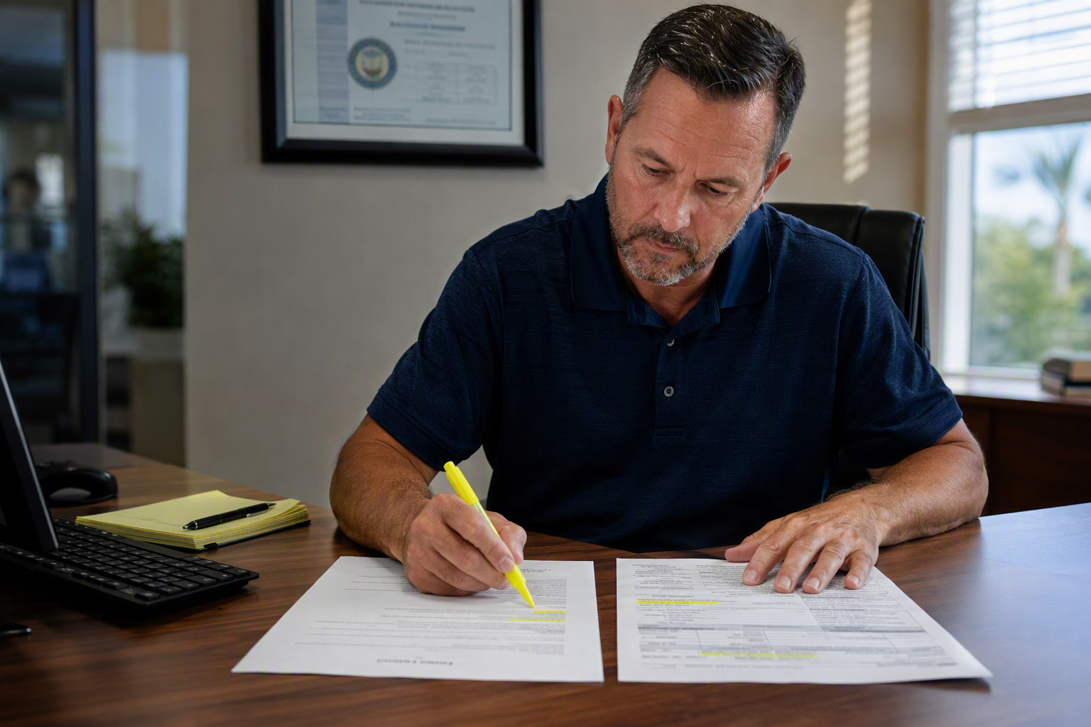 Facility manager in Sarasota Florida comparing elevator full-maintenance contract scope against a technician service visit report at an office desk to verify contracted work was performed.