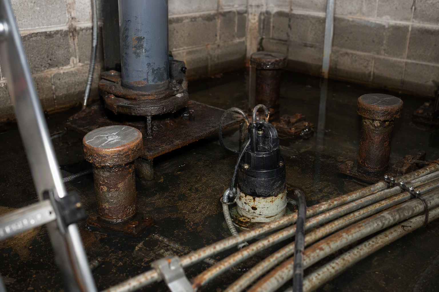 Flooded elevator pit with standing water covering electrical conduit and hydraulic components after a Florida tropical storm — hurricane flood intrusion damage to elevator systems
