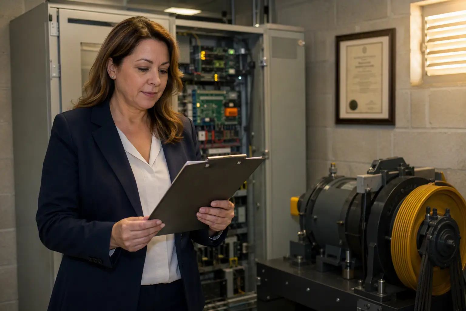 Building manager reviewing post-storm elevator inspection checklist in a Florida elevator machine room with DBPR certificate on wall — Florida elevator code compliance after hurricane