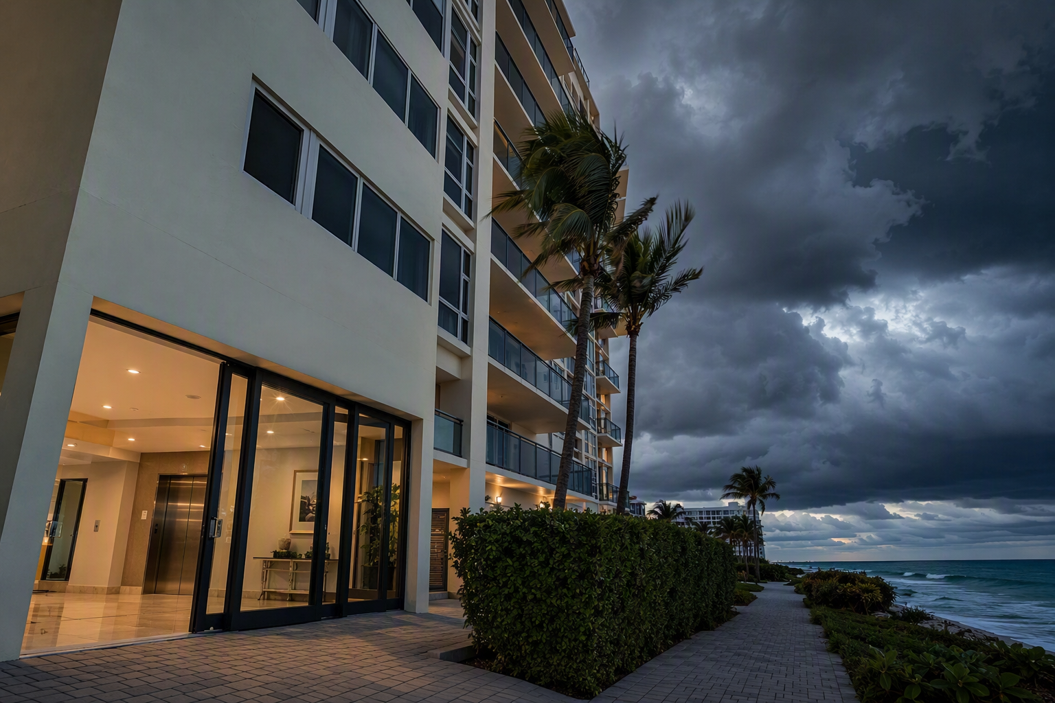 Pompano Beach FL mid-rise condo building exterior under darkening hurricane-season storm clouds, showing ground-floor elevator lobby — Florida elevator storm preparedness