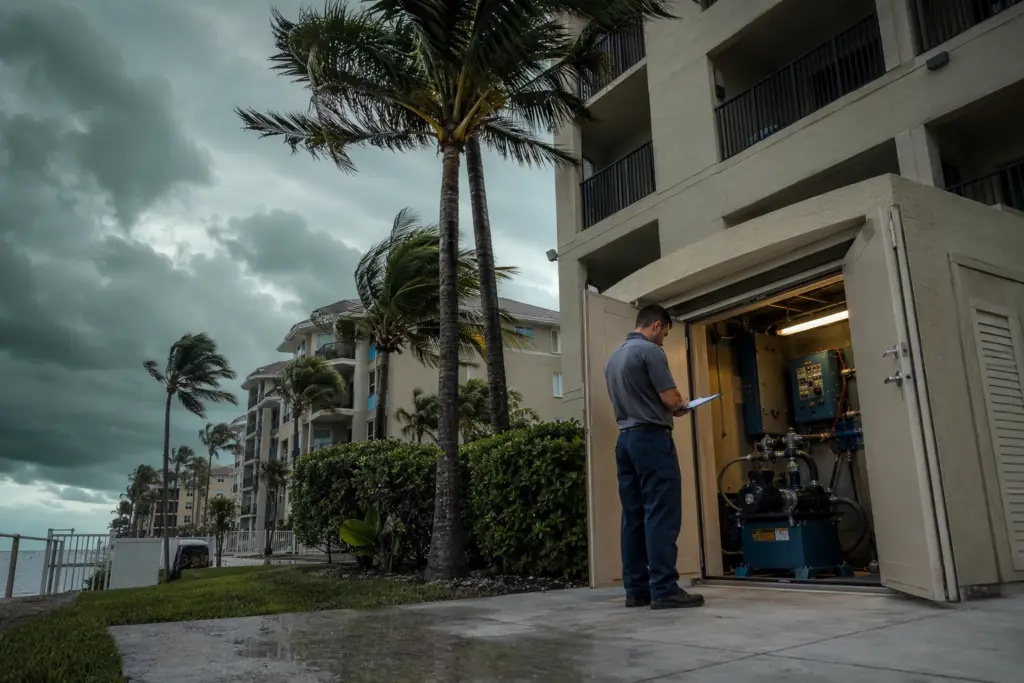 Elevator service technician inspecting machine room equipment at a Pompano Beach Florida coastal building before hurricane season, reviewing pre-storm maintenance checklist