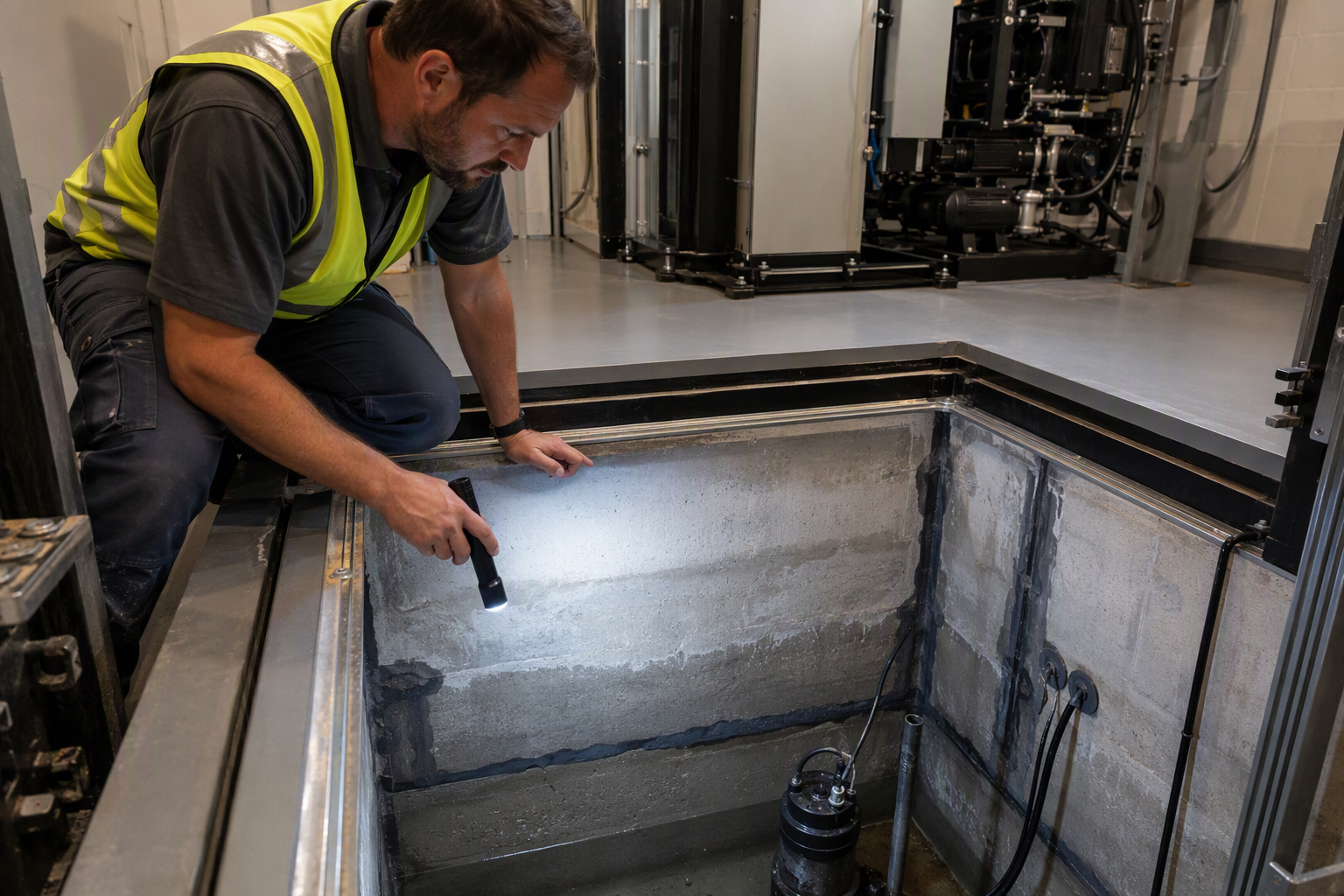 Elevator technician inspecting a waterproofed pit with submersible sump pump during Florida pre-hurricane season elevator maintenance in a commercial building