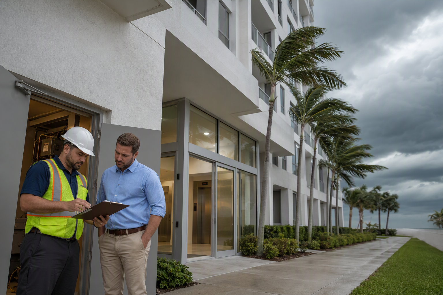 Building manager and elevator technician reviewing pre-hurricane elevator maintenance checklist outside a Pompano Beach Florida mid-rise condominium before hurricane season