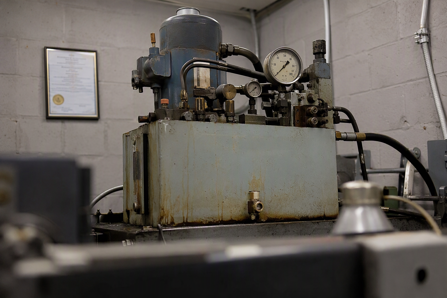 Machine Room Pump Unit and Florida Inspection Certificate Hydraulic elevator pump unit and inspection certificate in a Florida apartment building machine room, illustrating code compliance and safety inspection requirements
