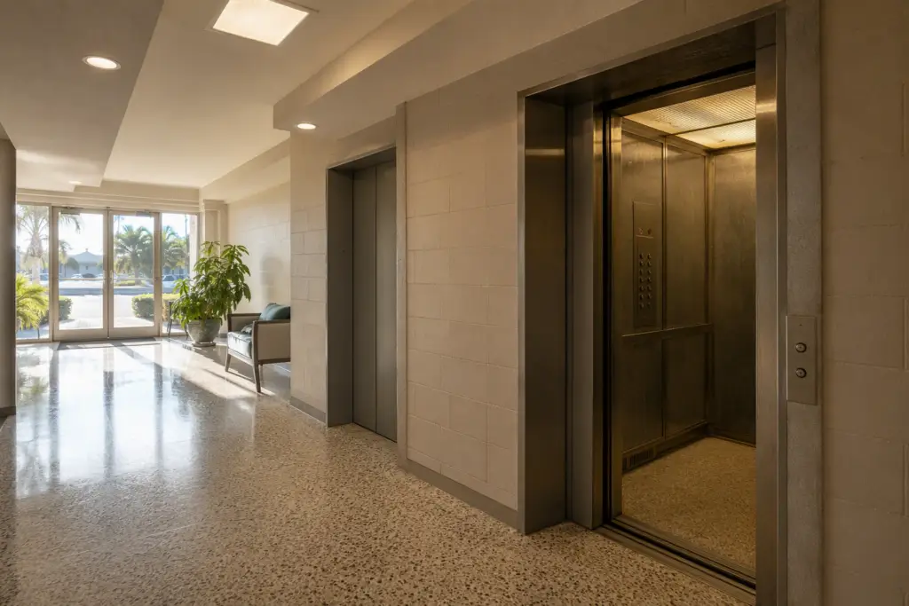 Aging hydraulic elevator in a Florida apartment building lobby showing outdated cab interior and controls — a common candidate for modernization or upgrade