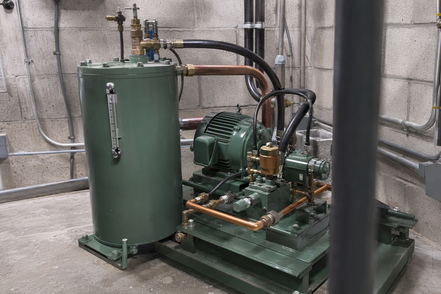Hydraulic elevator machine room showing fluid reservoir, pump, and motor assembly typical of low-rise buildings in Broward County, Florida.
