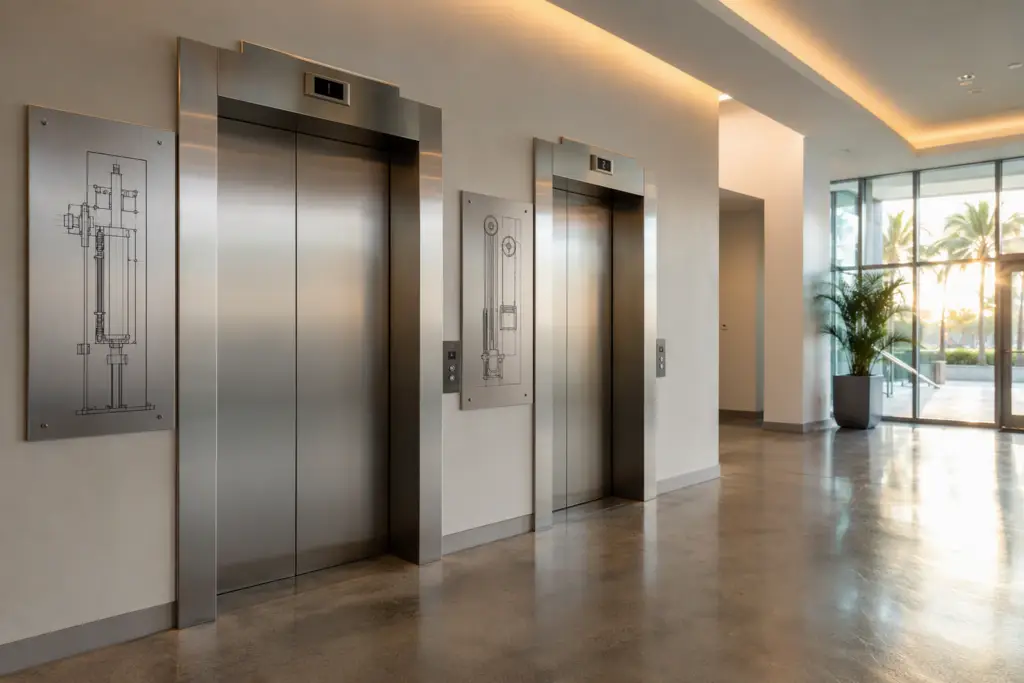 Side-by-side hydraulic and traction elevator doors in a Pompano Beach commercial building lobby, illustrating the difference between elevator types for property owners.