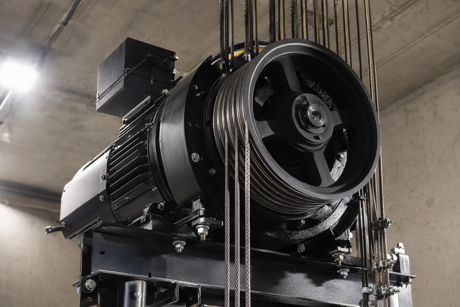 Traction elevator gearless drive sheave and steel wire ropes inside a mid-rise building hoistway, showing the counterweight system that distinguishes traction from hydraulic elevators.