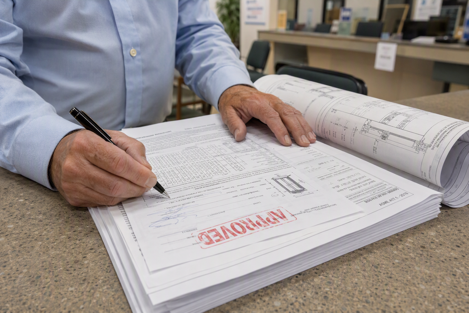 Florida building department permit application and stamped elevator engineering drawings during the DBPR and local AHJ permit approval process for commercial elevator installation