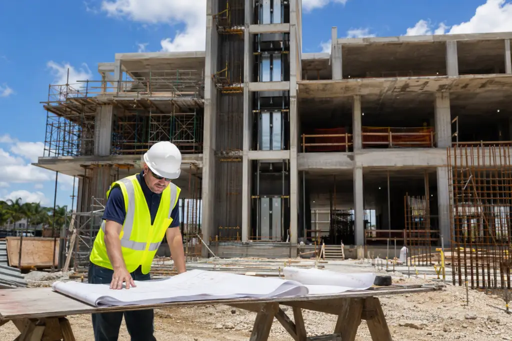 Licensed elevator contractor reviewing permit drawings at a commercial building construction site in Pompano Beach FL during a new elevator installation project