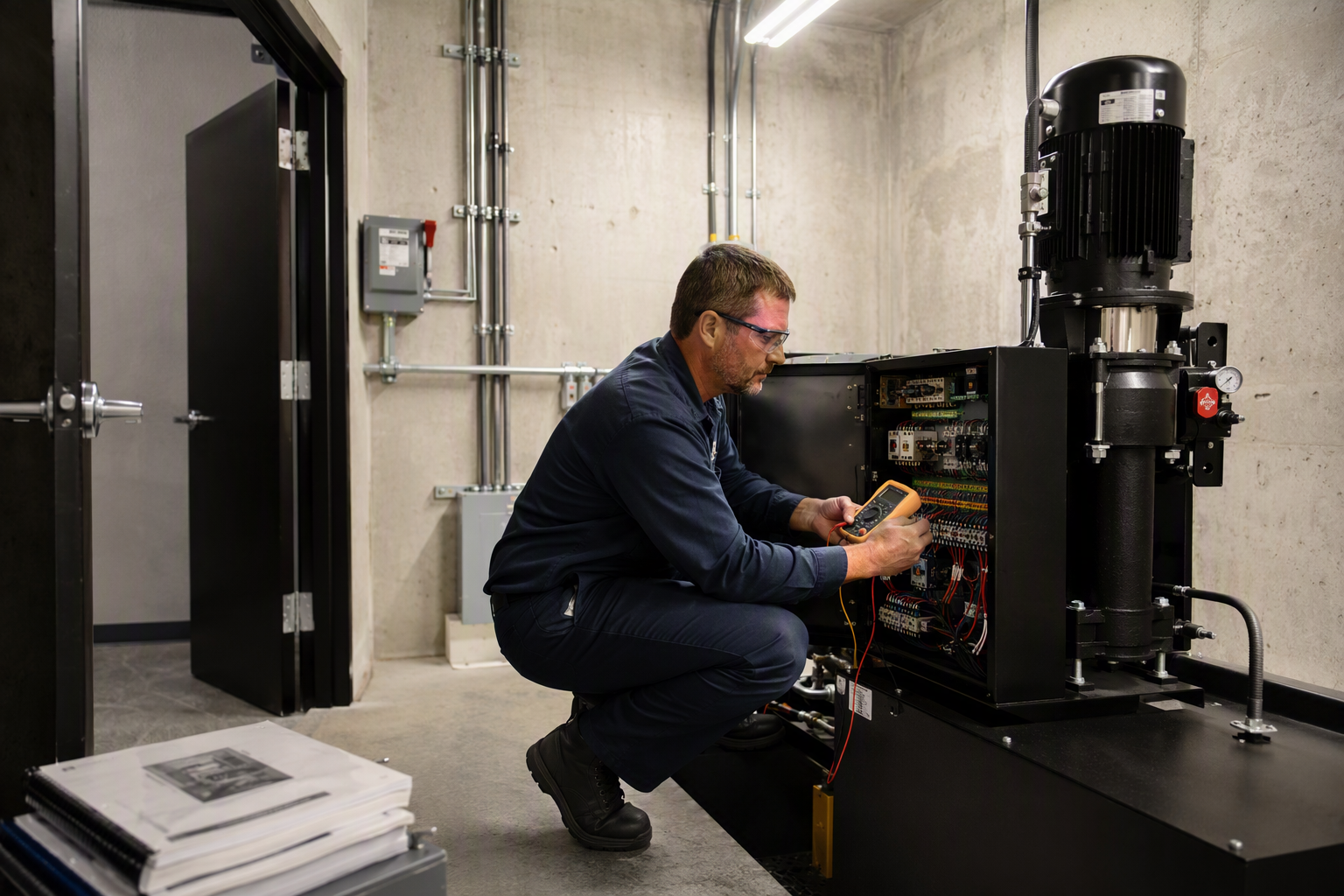 Licensed elevator mechanic inspecting hydraulic power unit wiring in a commercial elevator machine room during the final installation and commissioning phase in Sarasota FL