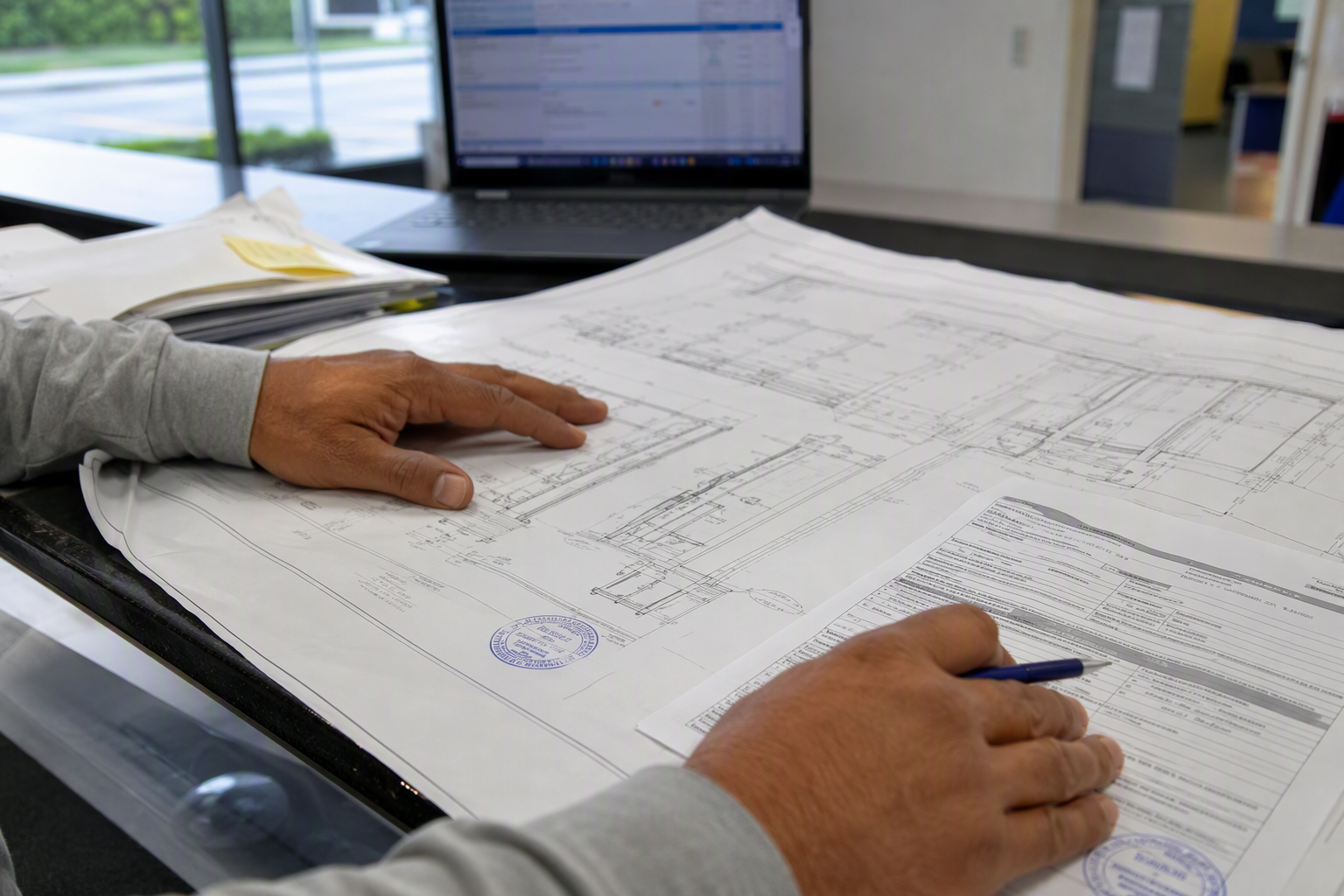 Project manager reviewing Florida DBPR elevator permit application and stamped engineering drawings required before commercial elevator installation can begin