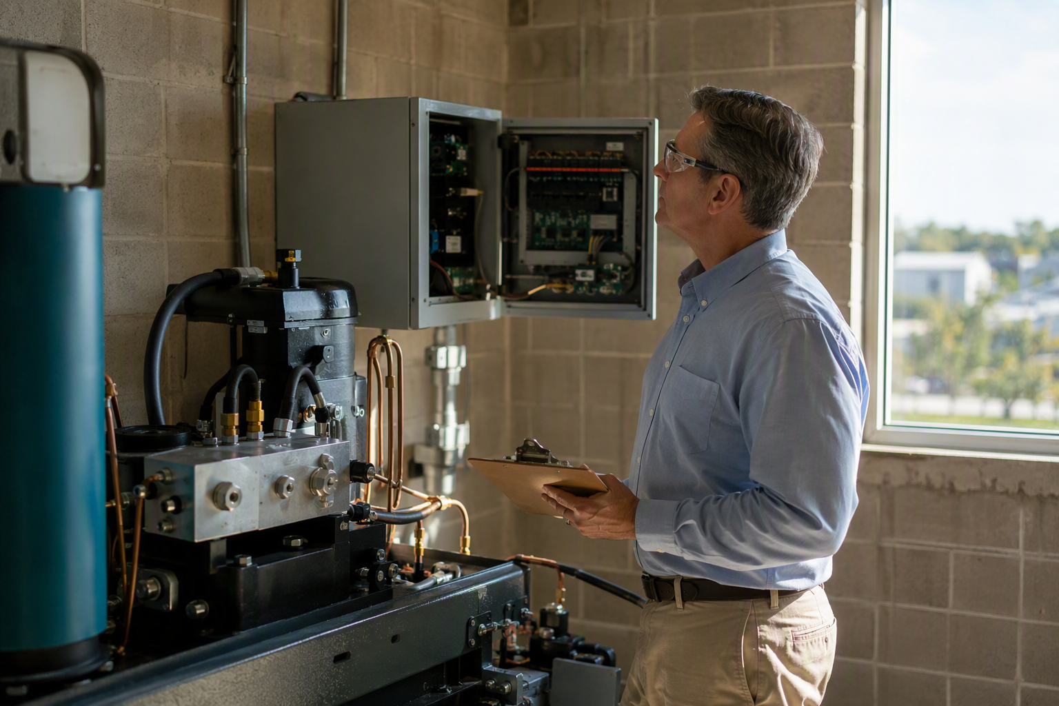 Florida DBPR state-certified elevator inspector examining hydraulic power unit and controller in a commercial building machine room before issuing Certificate of Operation
