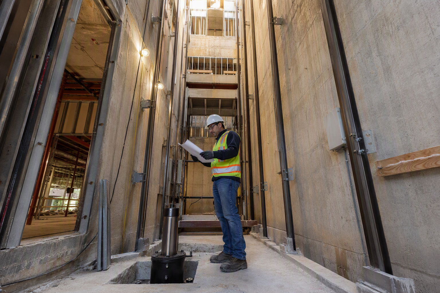 Licensed elevator mechanic reviewing permit drawings inside a commercial hoistway under construction in a Florida office building during new elevator installation
