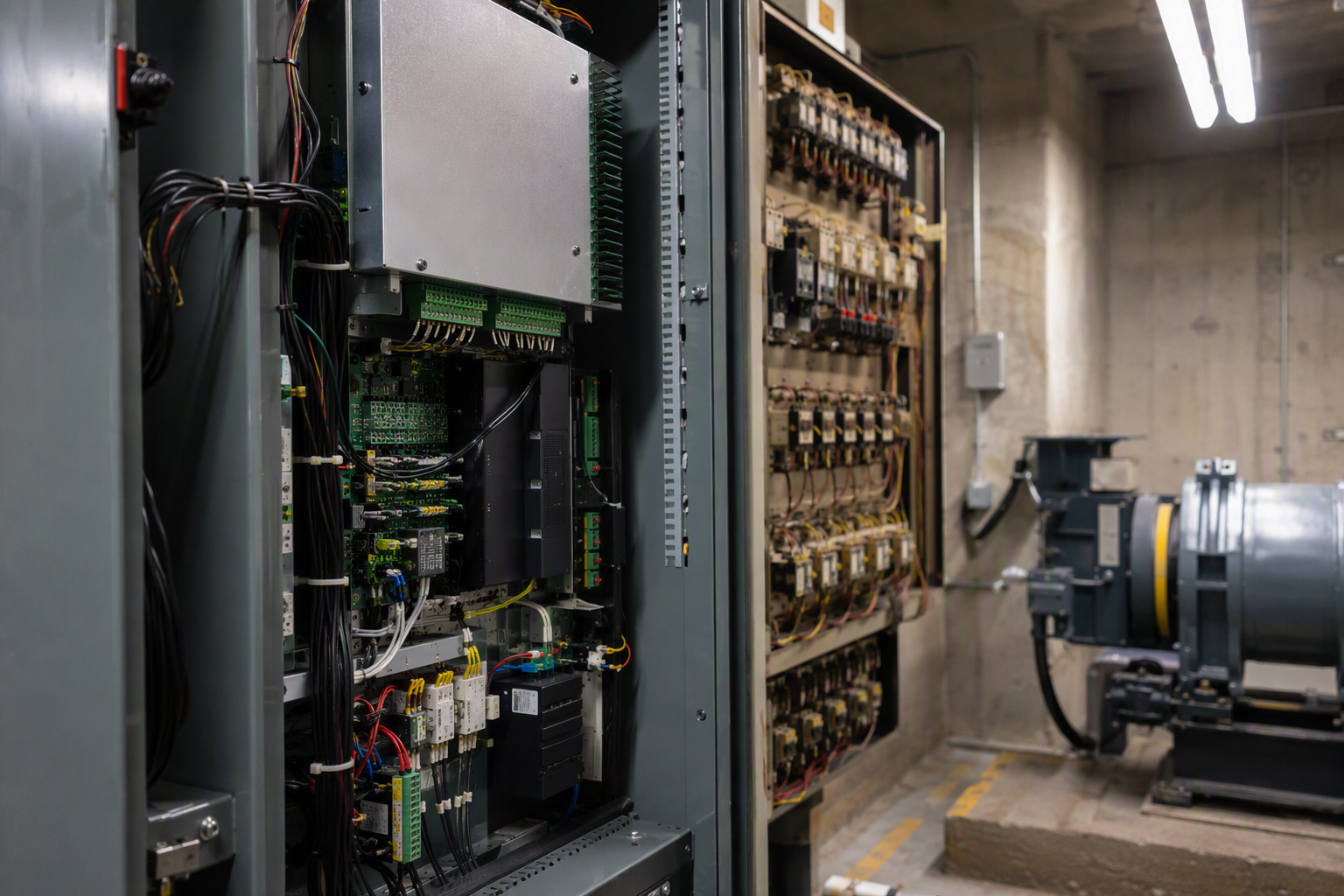 Modern solid-state elevator drive controller installed beside an older relay-logic panel in a Florida commercial building machine room, illustrating elevator modernization scope and equipment lead tim