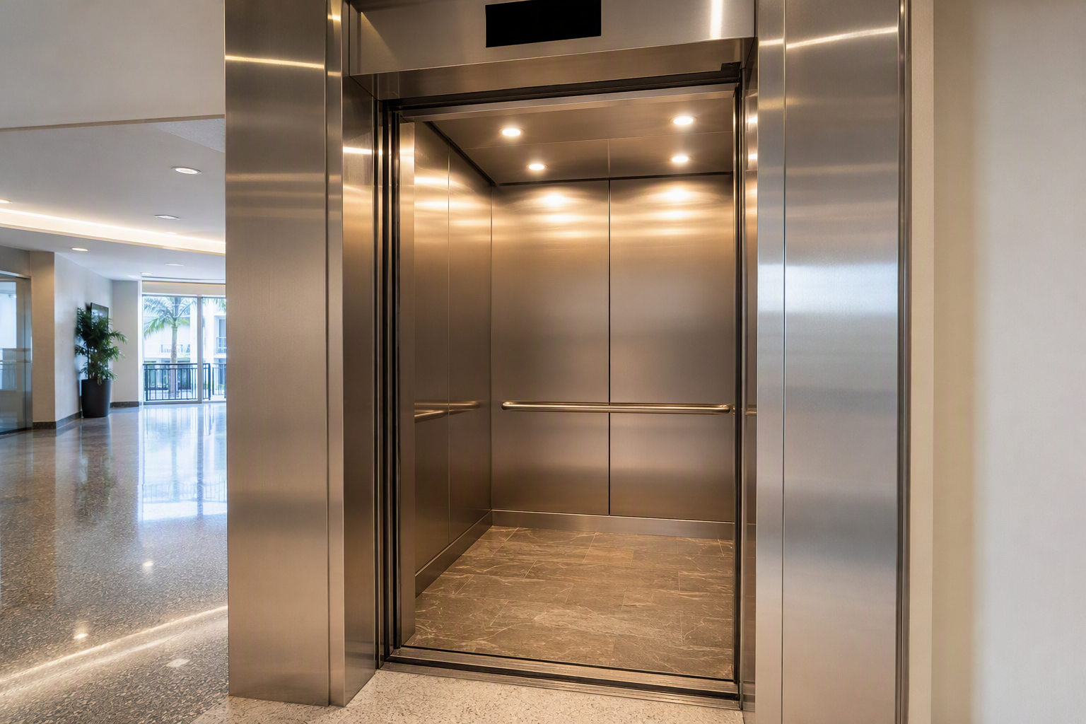 Newly modernized elevator cab interior with stainless-steel panels, LED lighting, ADA-compliant handrail, and updated digital floor indicator in a Florida commercial office building.