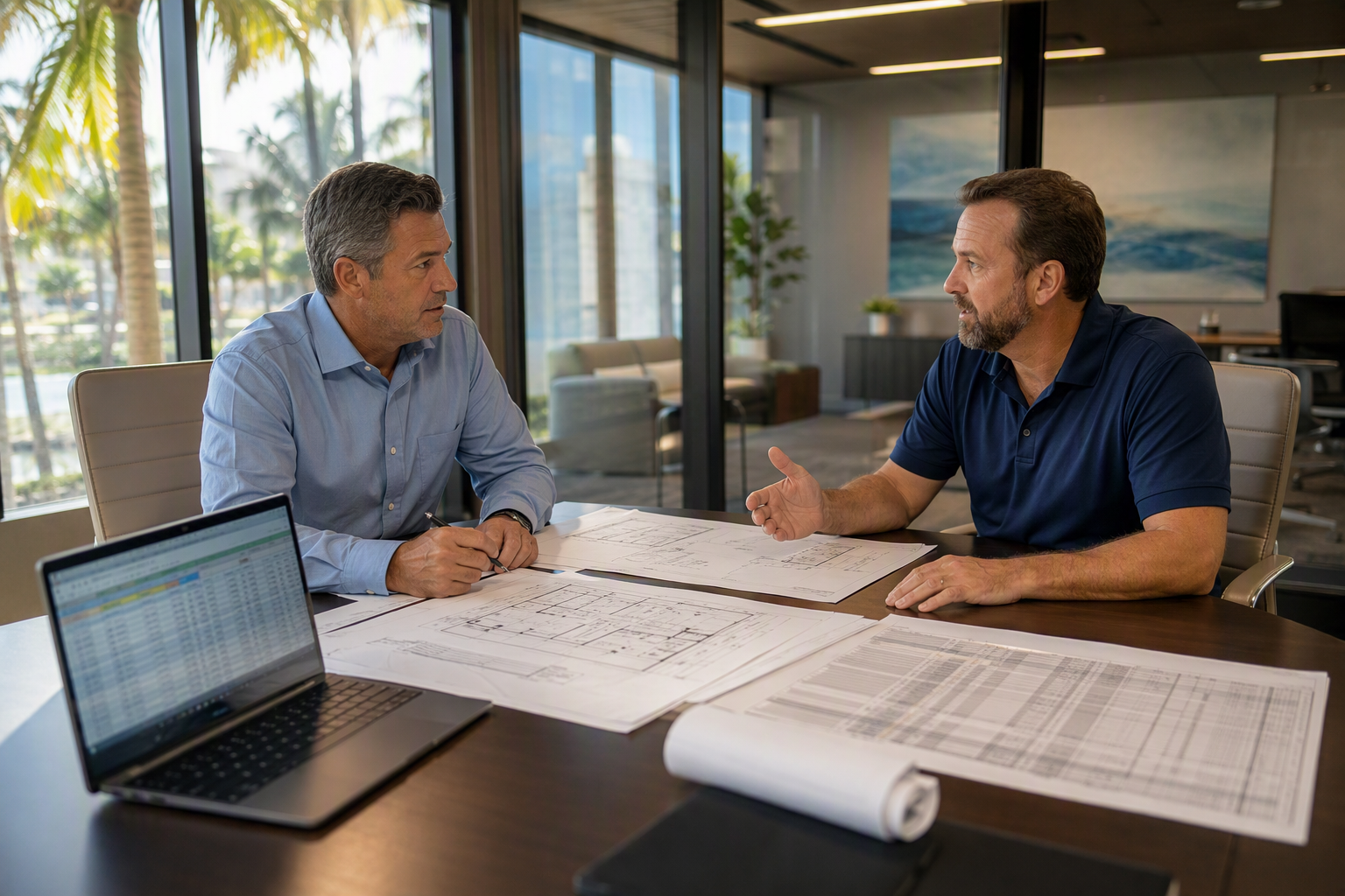 Building manager and elevator consultant reviewing Q4 capital planning budget documents and elevator modernization proposals at a conference table in a Florida commercial office.