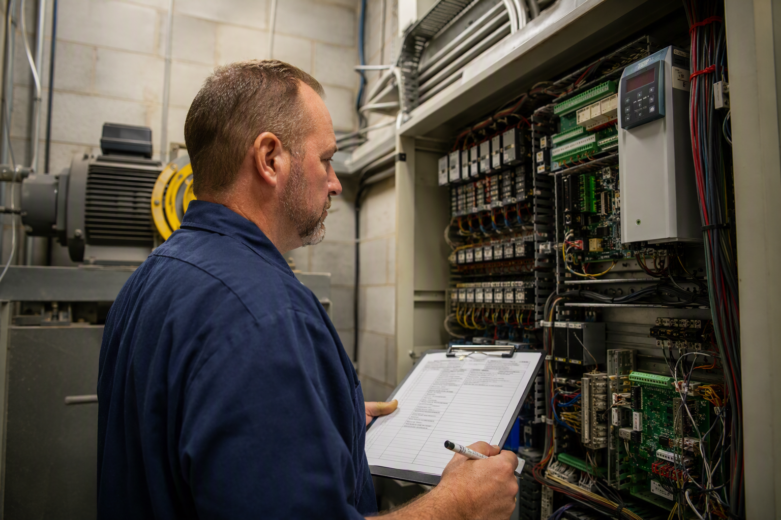 Florida licensed elevator inspector reviewing controller cabinet during required DBPR inspection for certificate of operation renewal in a Pompano Beach commercial building machine room