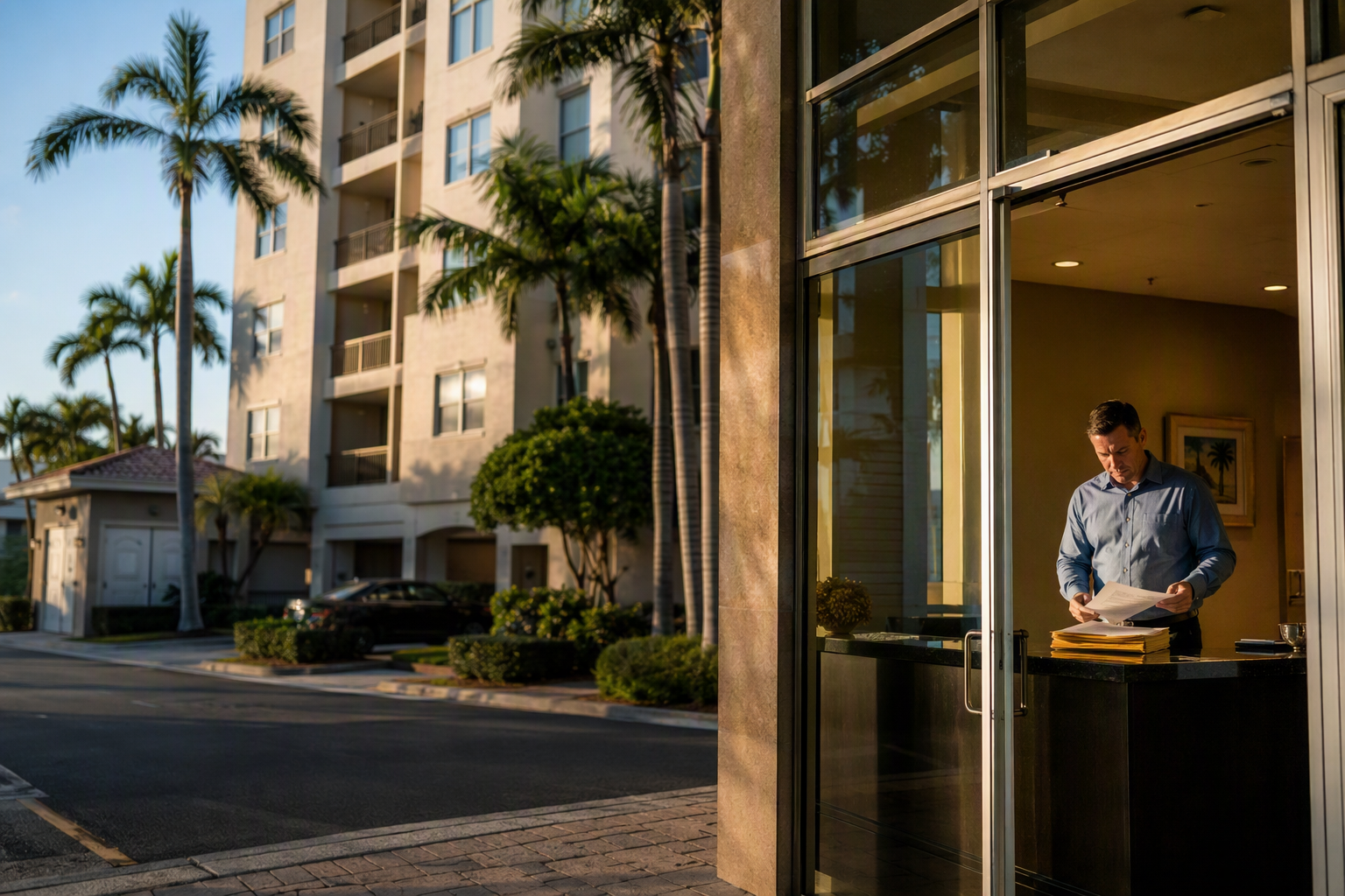 Pompano Beach Florida condominium property manager reviewing elevator certificate of operation renewal paperwork in building lobby, Broward County compliance documents visible