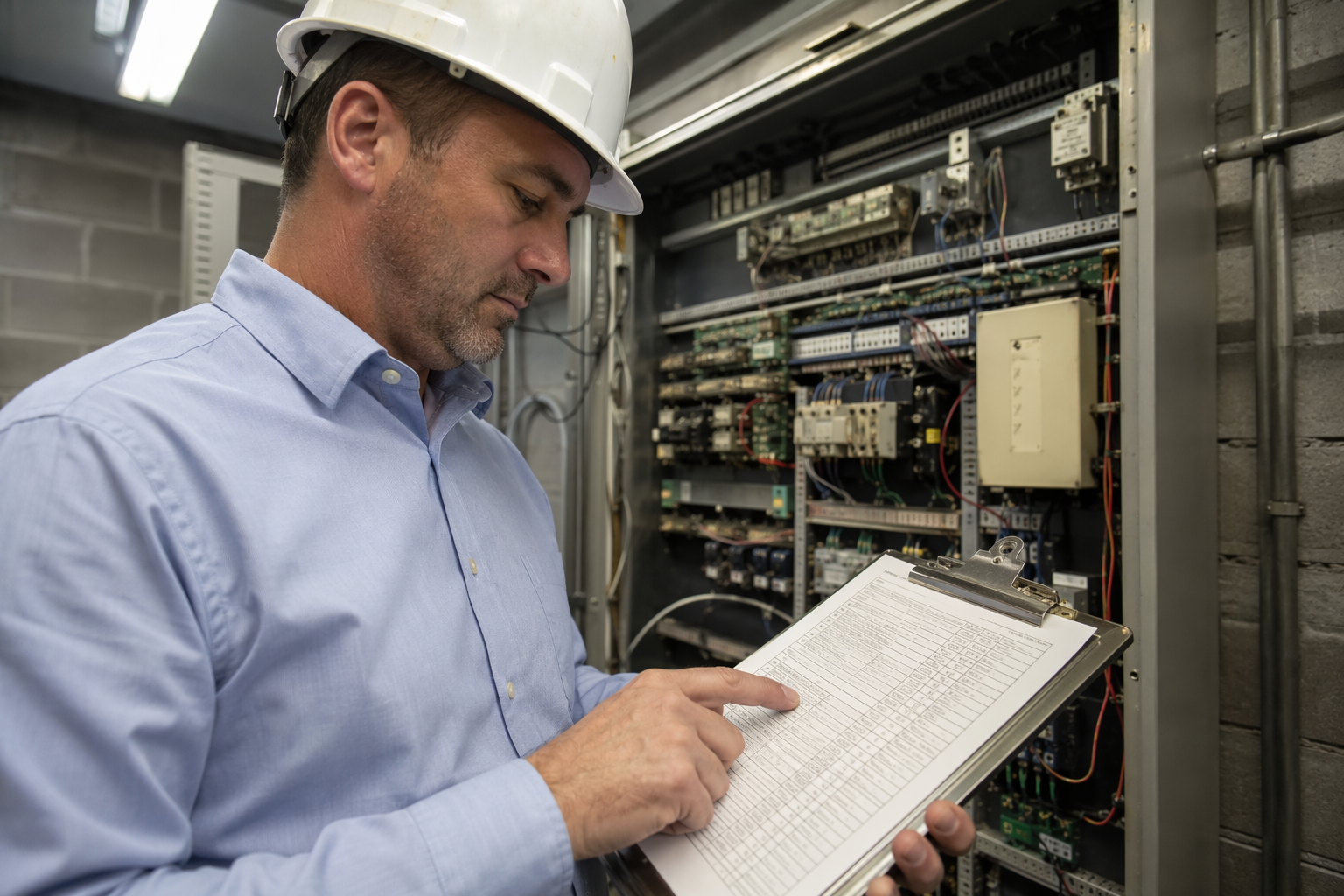 Licensed elevator inspector reviewing periodic inspection checklist inside a machine room to renew a Florida DBPR certificate of operation