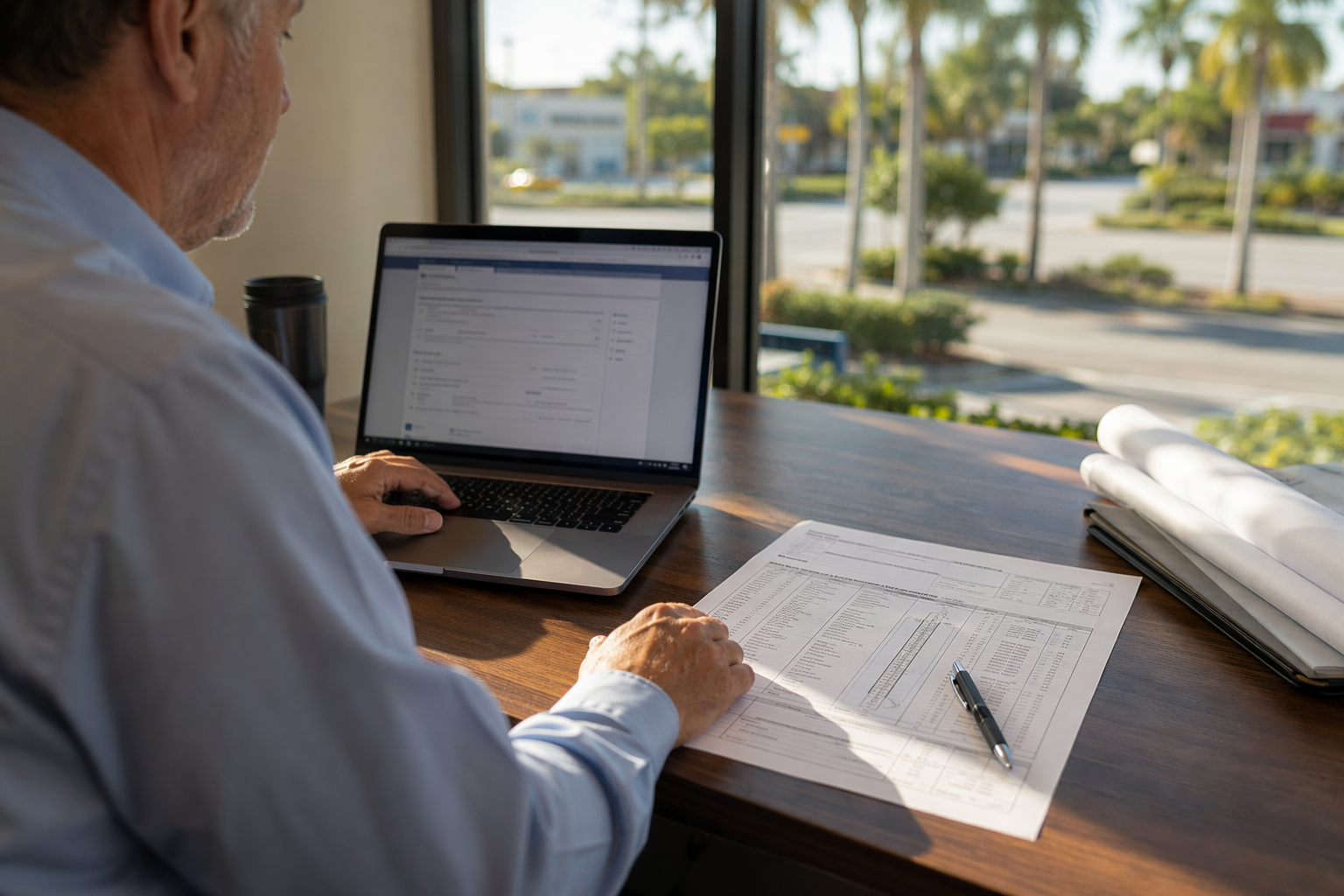 Building manager in Sarasota Florida completing DBPR elevator certificate of operation renewal process online with inspection report on desk