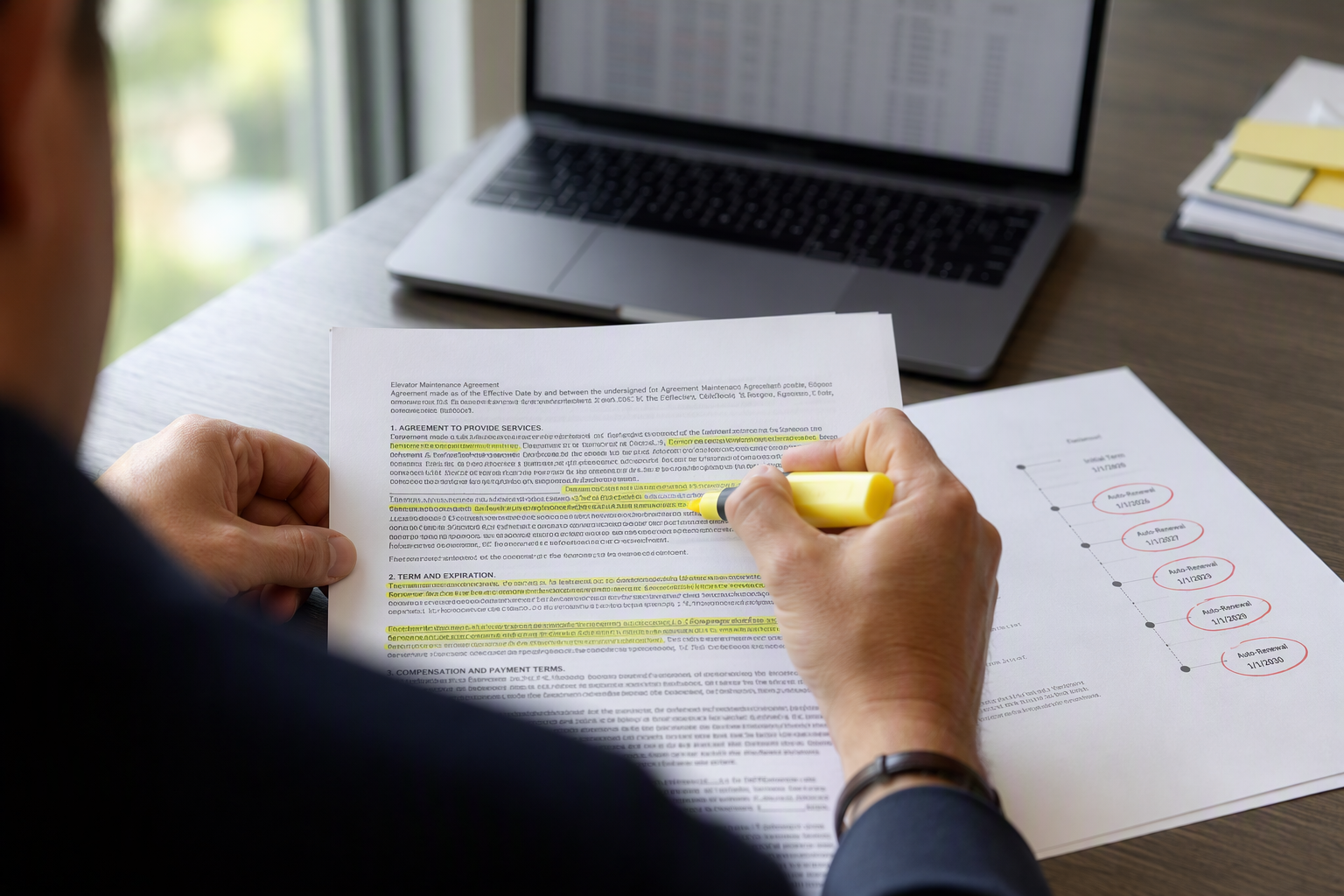 Property manager highlighting assignment and auto-renewal clauses in an elevator service contract, a critical step when an elevator company undergoes acquisition or closure in Florida.